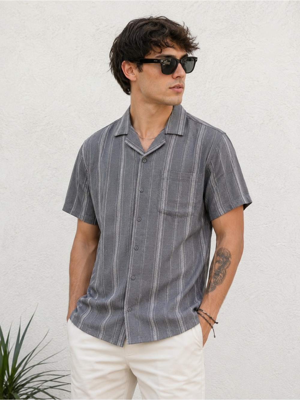 NWT No Boundaries Gray Striped Camp Shirt XL Resort Button Up